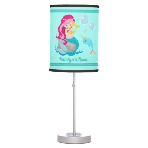 Mermaid Girl Cute Custom Teal Monogram Kids Room Table Lamp