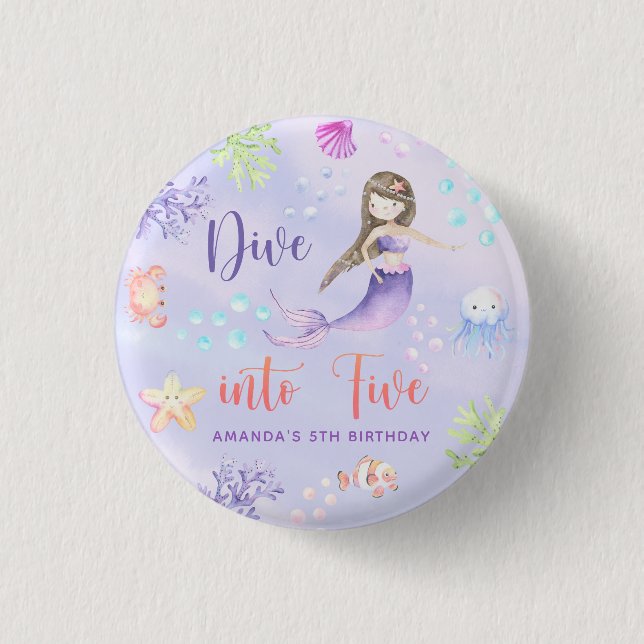 Mermaid Girl Dive Into Five 5th Birthday Party Button (Front)