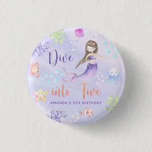 Mermaid Girl Dive Into Five 5th Birthday Party Button