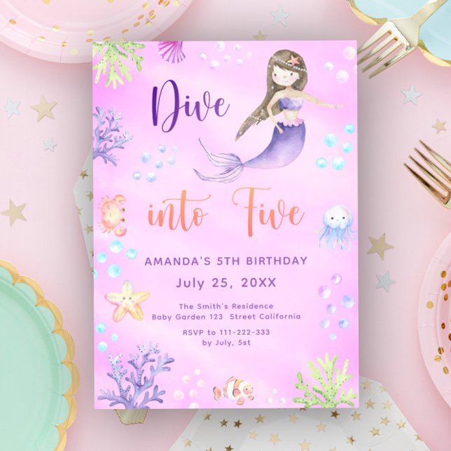 Mermaid Girl Dive Into Five 5th Birthday Party Invitation (Creator Uploaded)