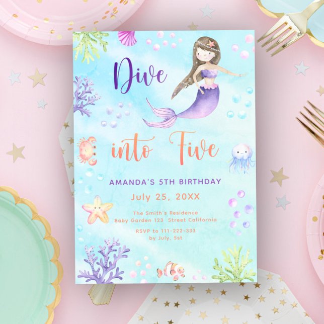 Mermaid Girl Dive Into Five 5th Birthday Party Invitation (Creator Uploaded)