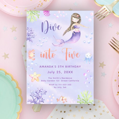 Mermaid Girl Dive Into Five 5th Birthday Party Invitation