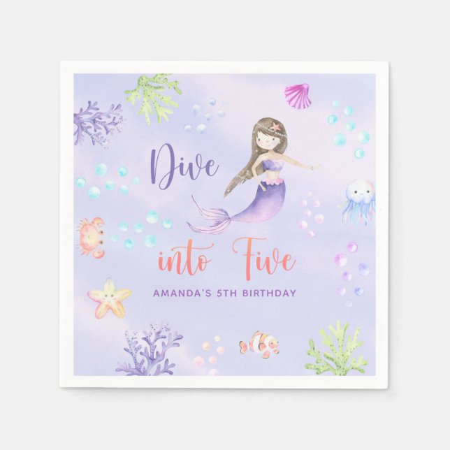 Mermaid Girl Dive Into Five 5th Birthday Party Napkins (Front)