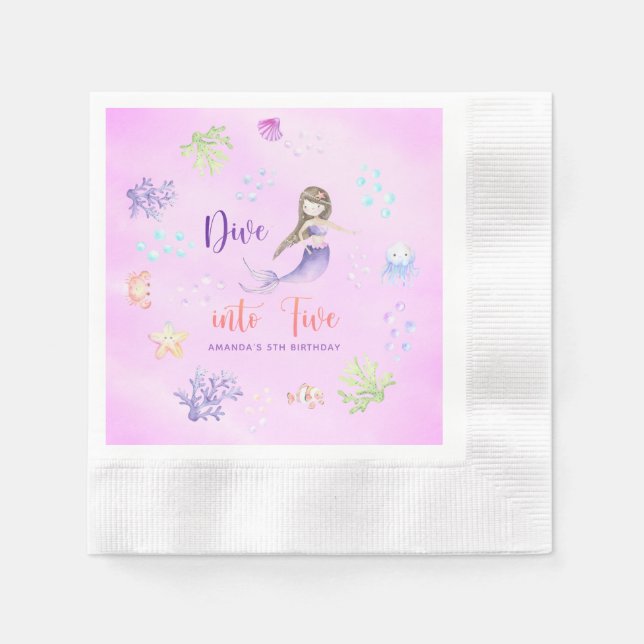 Mermaid Girl Dive Into Five 5th Birthday Party Napkins (Front)