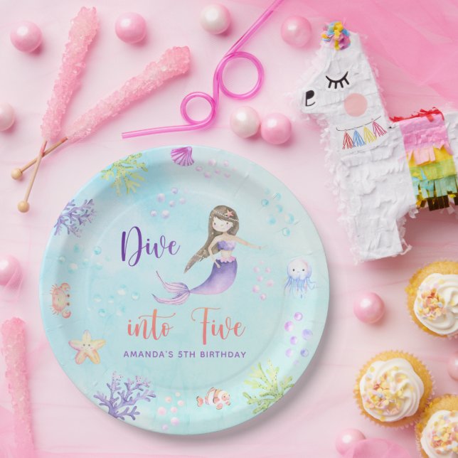 Mermaid Girl Dive Into Five 5th Birthday Party Paper Plates (Party)