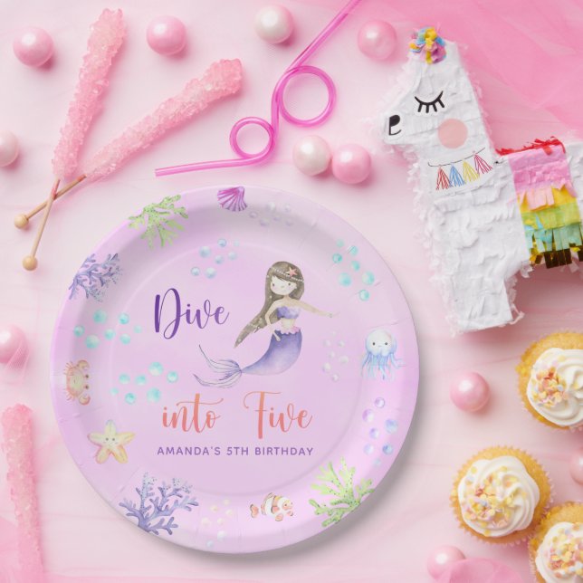 Mermaid Girl Dive Into Five 5th Birthday Party Paper Plates (Party)