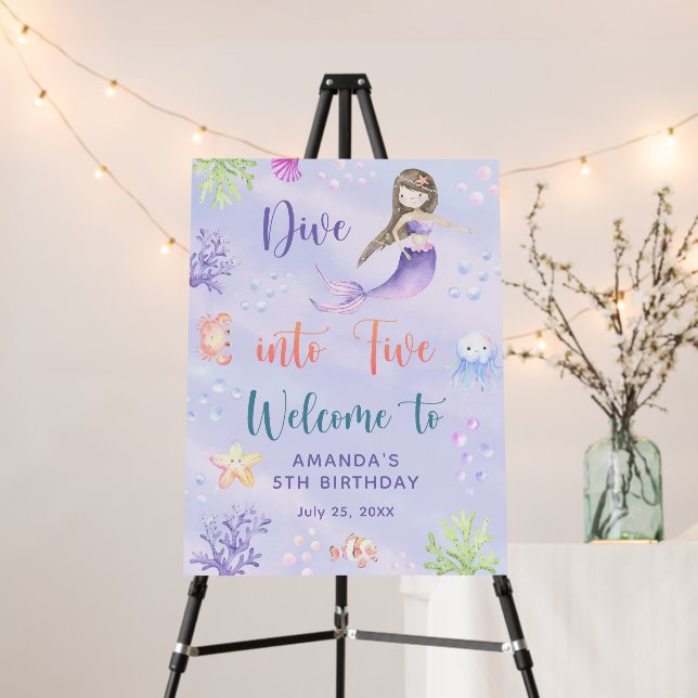 Mermaid Girl Dive into Five Birthday Party Welcome Foam Board (In Situ (Stand))