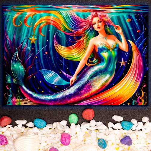 Mermaid Girl Fish Tail Underwater Colorful Ocean Poster