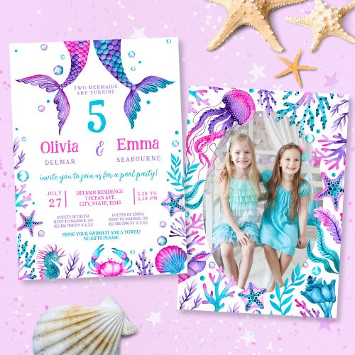 Mermaid Girl Friends Joint Birthday Party Photo Invitation