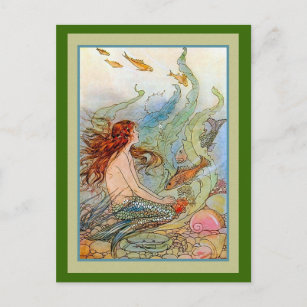 Mermaid Girl in Sea with Fish and Shells Postcard