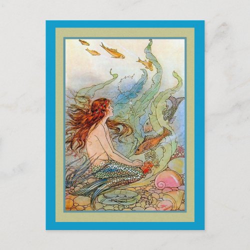 Mermaid Girl in Sea with Fish and Shells Postcard