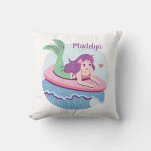 Mermaid Girl On Surfboard Ocean Room Decor Throw Pillow