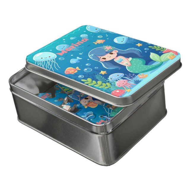Mermaid Girl Personalized Underwater Kids Name Jigsaw Puzzle (Lid Open)