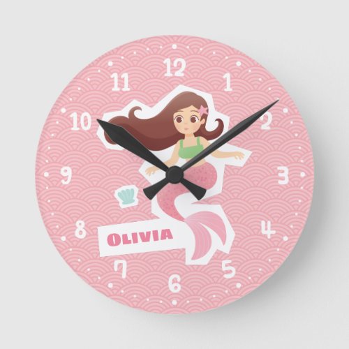 Mermaid Girl Pink Wave Pattern Room Wall Clock