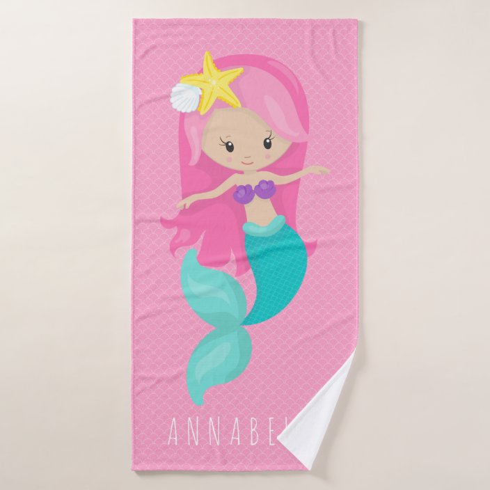 Mermaid Girl Princess Girly Pink Scales Cute Kids Bath Towel Set Zazzle Com
