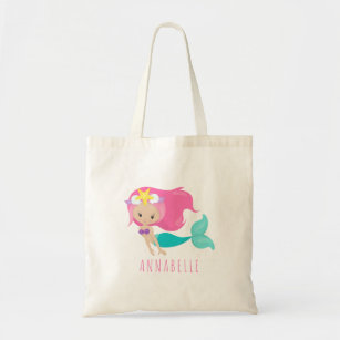 Mermaid Girl Princess Kids Cute Pink Hair Tote Bag
