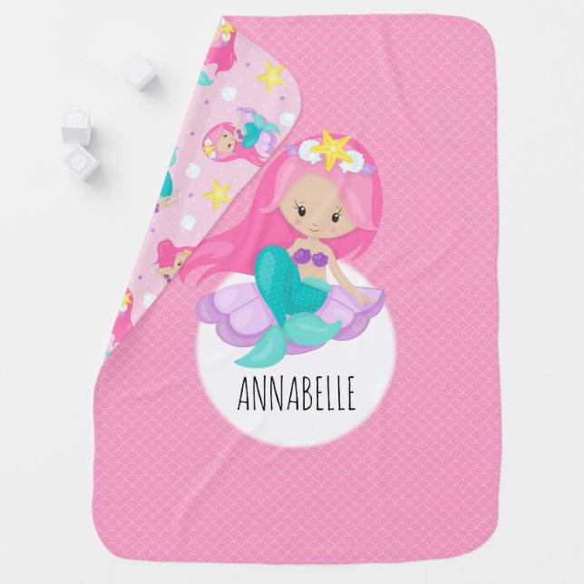 Mermaid Girl Princess Kids Sea Shell Cute Pink Baby Blanket (In Situ)