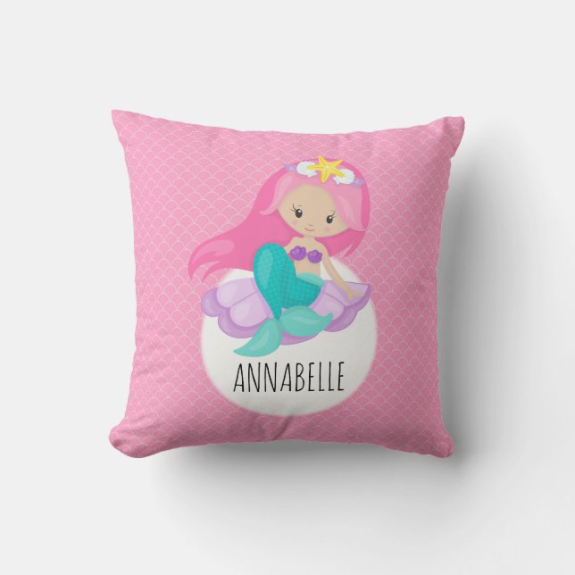 Mermaid Girl Princess Kids Sea Shell Pink Scales Throw Pillow (Front)