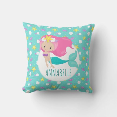 Mermaid Girl Princess Kids Sea Shell Starfish Blue Throw Pillow