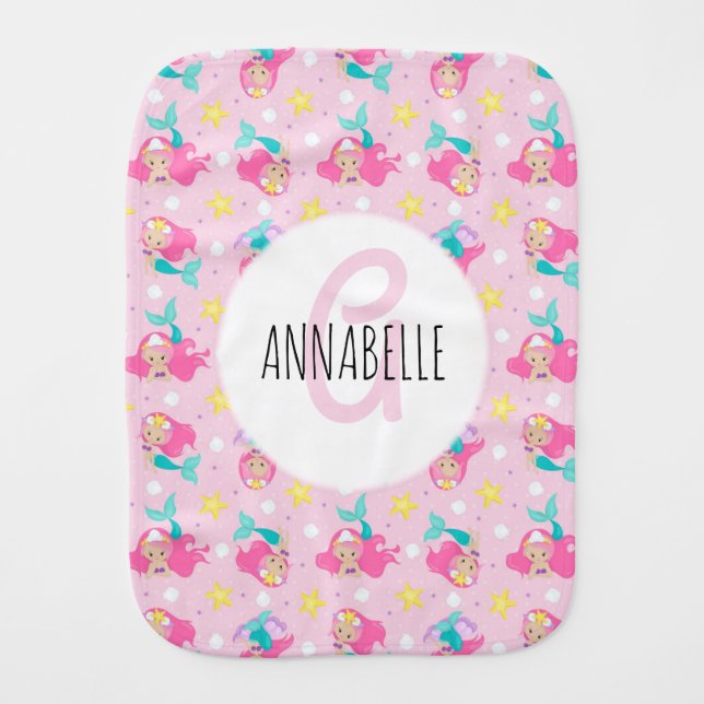 Mermaid Girl Princess Pattern Pink Script Monogram Baby Burp Cloth (Front)