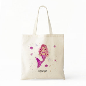 Mermaid Girl Starfish and Seashell Pink Beach      Tote Bag