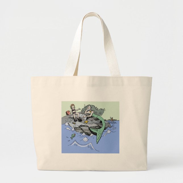 Mermaid Girl Summer Beach Friendship Whimsical Large Tote Bag (Front)