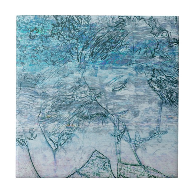 Mermaid Girl Teal Green Blue Nautical Ocean Waves Ceramic Tile (Front)