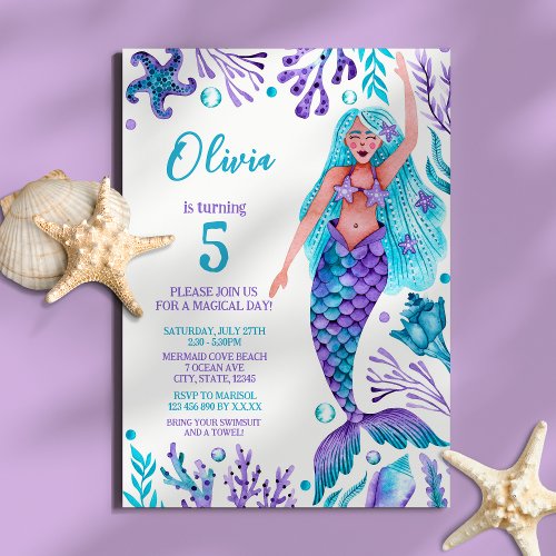 Mermaid Girl Watercolor Beach Birthday Party Invitation