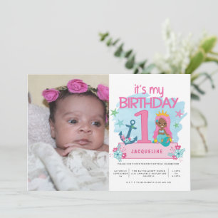 Mermaid Girls 1st Birthday Party Photo Invitation