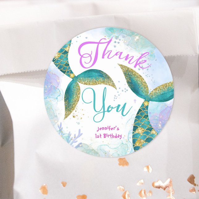 Mermaid Girls 1st Birthday Purple Teal  Classic Round Sticker (Creator Uploaded)