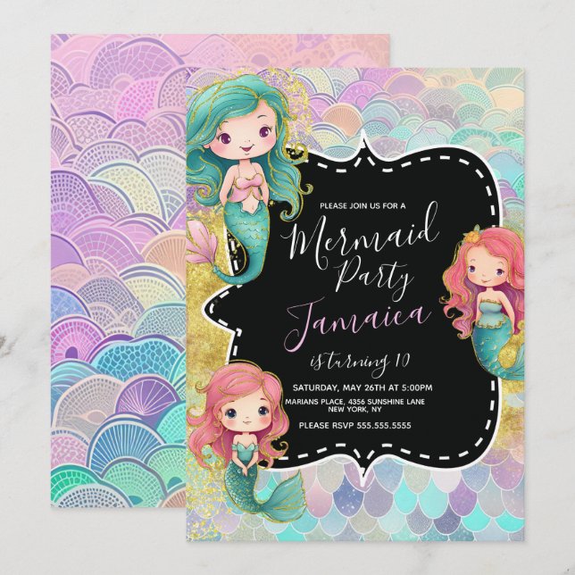 Mermaid Girls Birthday Party Purple Glitter Invitation (Front/Back)