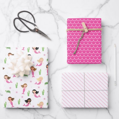 Mermaid Girls Pink Birthday Wrapping Paper Sheets