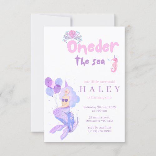 Mermaid Girly Oneder the sea 1st Baby Birthday Invitation