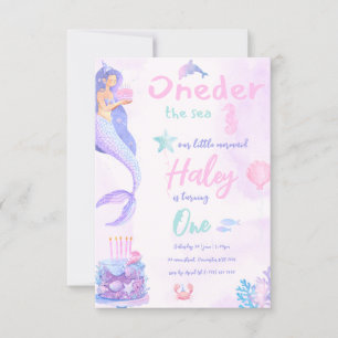 Mermaid Girly Pink and Purple 1st Baby Birthday Invitation