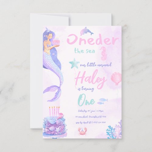 Mermaid Girly Pink and Purple 1st Baby Birthday  Invitation