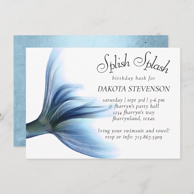Mermaid Glam | Dusty Ice Blue Luster Splish Splash Invitation (Front/Back)