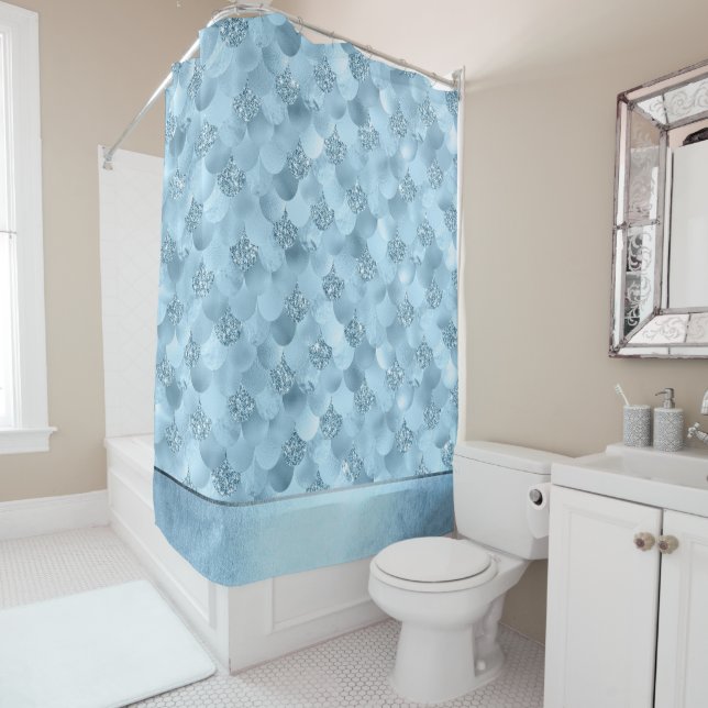 Mermaid Glam Scale | Dusty Ice Blue Sheen Luster Shower Curtain (In Situ)