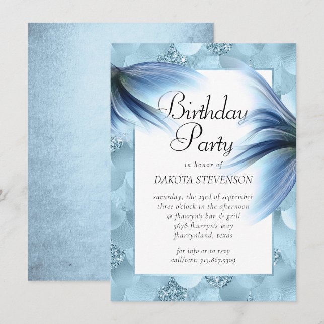 Mermaid Glam Tail | Dusty Ice Blue Luster Birthday Invitation (Front/Back)