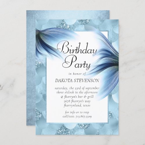 Mermaid Glam Tail  Dusty Ice Blue Luster Birthday Invitation