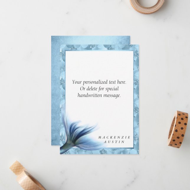 Mermaid Glam Tail | Dusty Ice Blue Luster Custom Note Card (Front/Back In Situ)