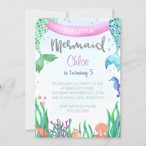 Mermaid Glitter Birthday Party Invitation | Zazzle