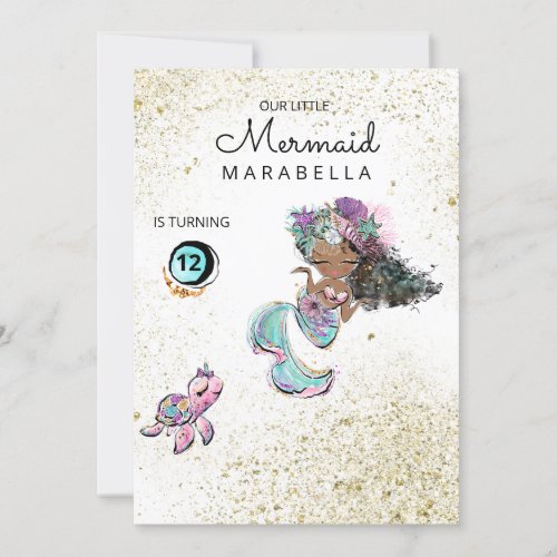  Mermaid Glitter Black Hair Birthday Invitation