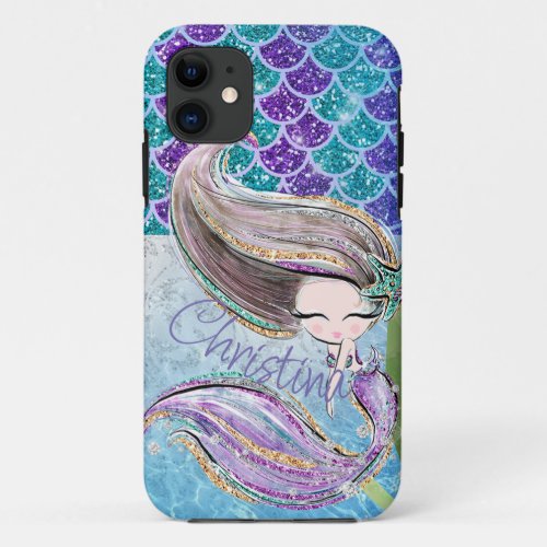 Mermaid Glitter Illustration with Tail Scales iPhone 11 Case