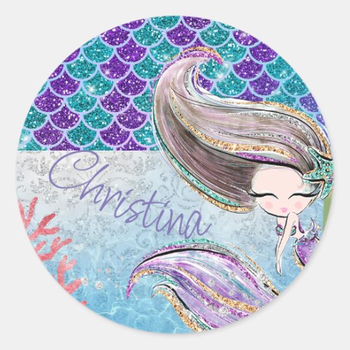 Mermaid Glitter Illustration with Tail Scales Classic Round Sticker