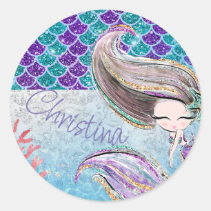 Mermaid Glitter Illustration with Tail Scales Classic Round Sticker