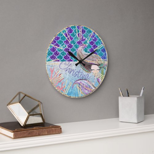 Mermaid Glitter Illustration with Tail Scales Large Clock