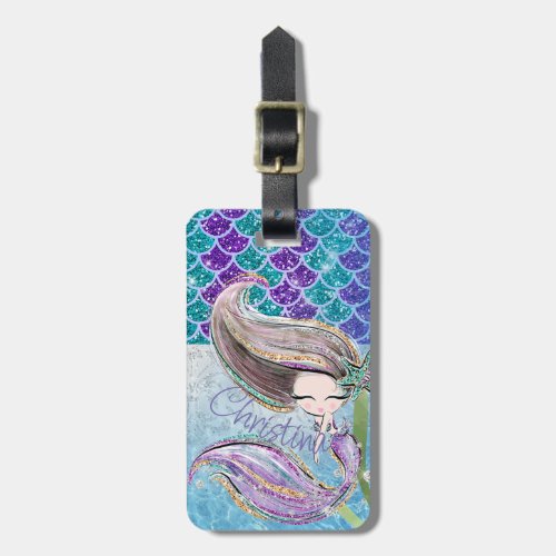 Mermaid Glitter Illustration with Tail Scales Luggage Tag