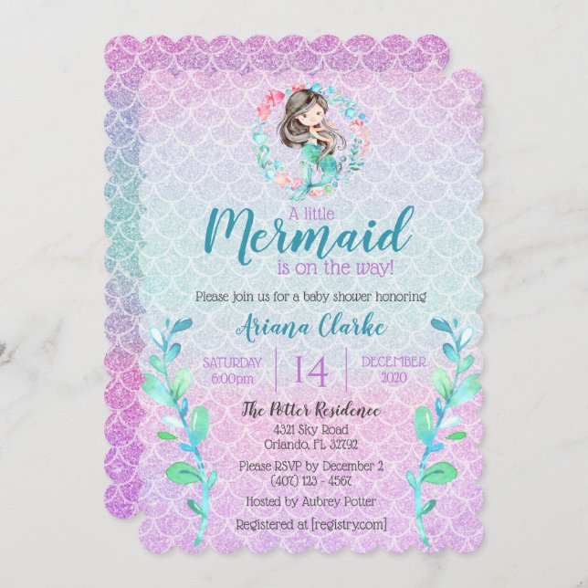 Mermaid Glitter Pink Purple Blue Girls Baby Shower Invitation (Front/Back)