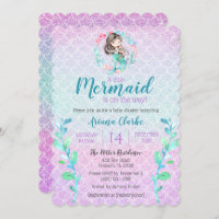 Mermaid Glitter Pink Purple Blue Girls Baby Shower Invitation