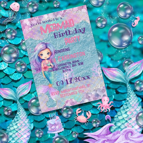 Mermaid Glitter Pink Purple Girls Birthday Party Invitation